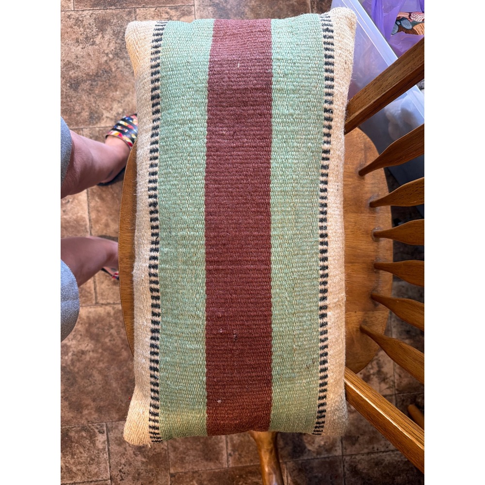 Vintage Kilim Lumbar Pillow Handwoven Wool Striped Southwestern Boho Green Brown